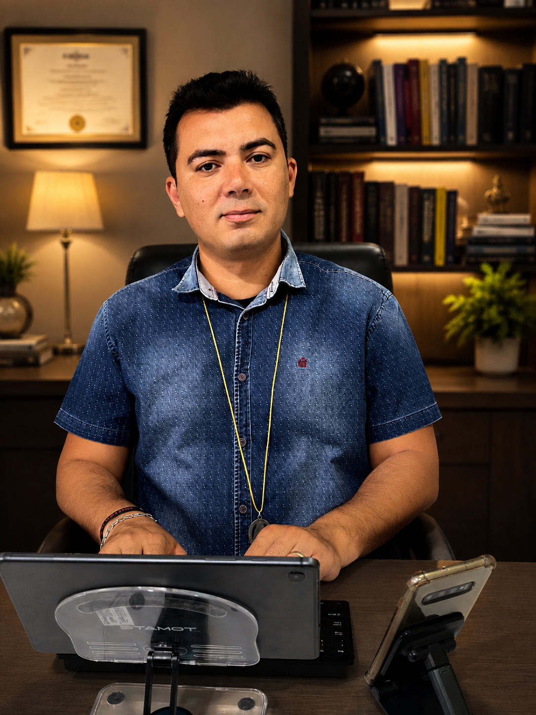 Arnor Dantas em seu consultório, cercado por livros, em um ambiente acolhedor