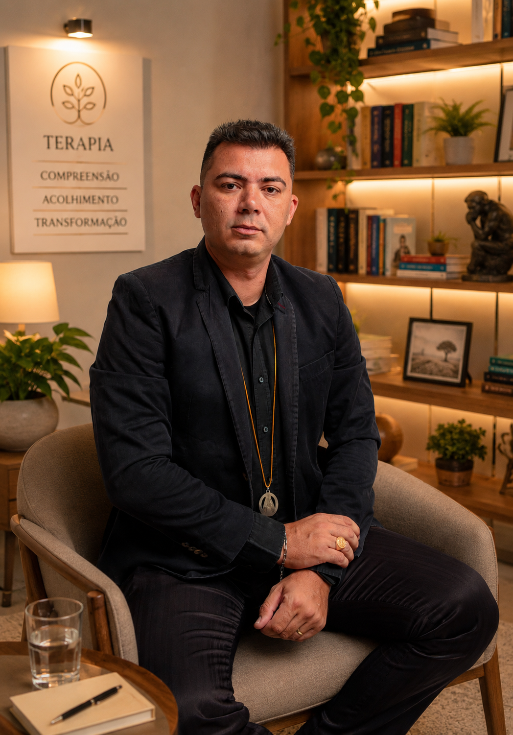 Arnor Dantas, terapeuta, sentado em um ambiente calmo e iluminado por luz natural
